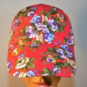 Pretty, cheerful roses floral print on red, adjustable ball cap